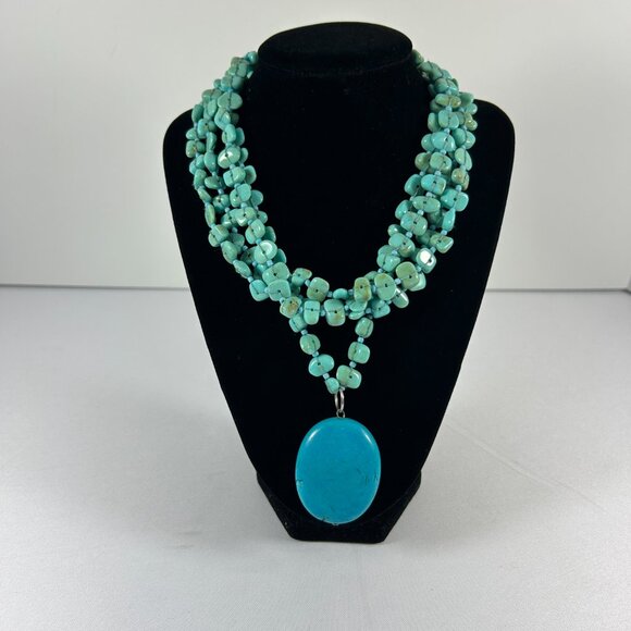 Faux Turquoise 4 Tier Oval Pendant Necklace Chippy Statement Silver Tone 16-19" - Picture 2 of 12